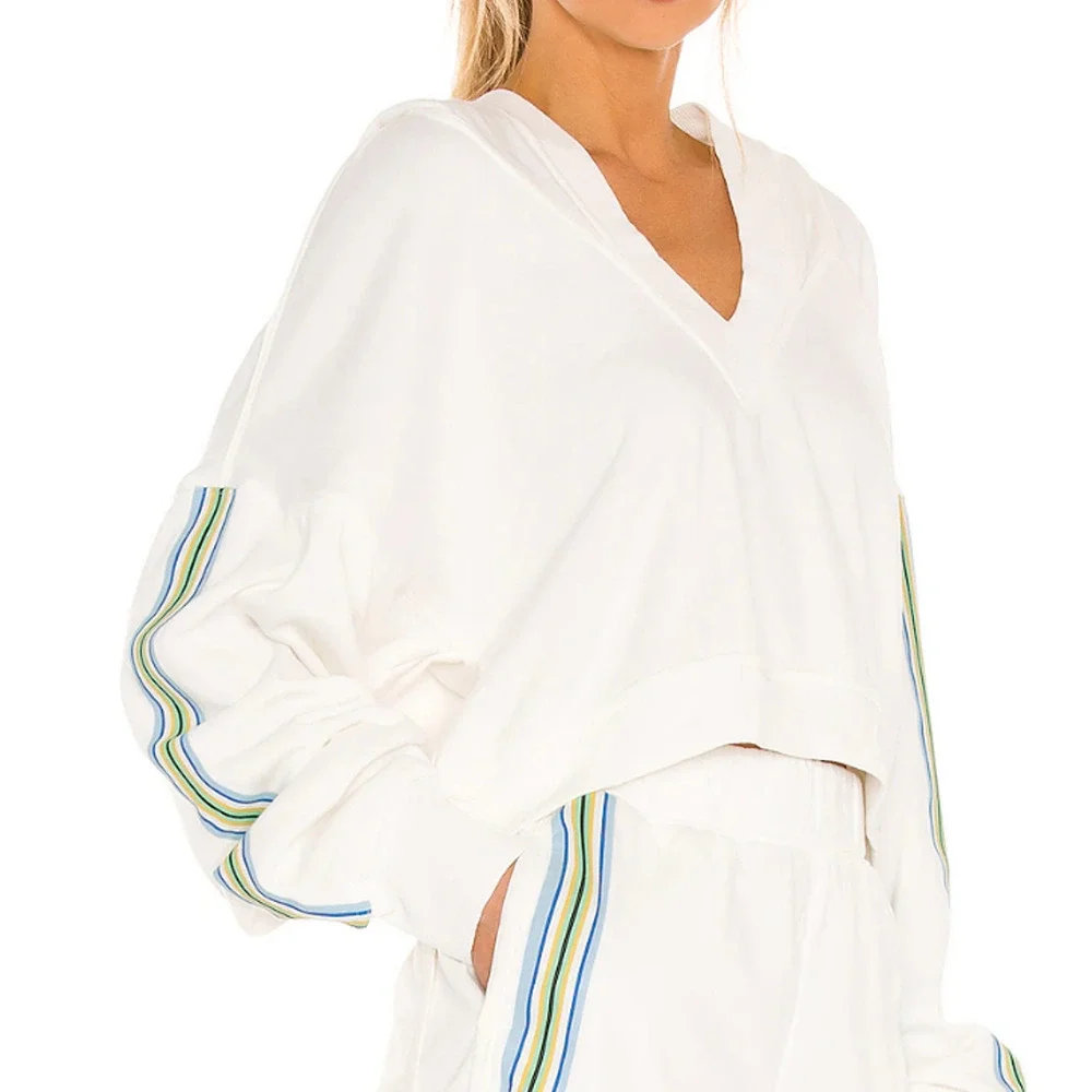 NEW FREE PEOPLE FP MOVEMENT WHITE GRAND SLAM SWEAT STRIPED HOODIE SWEATSHIRT XS